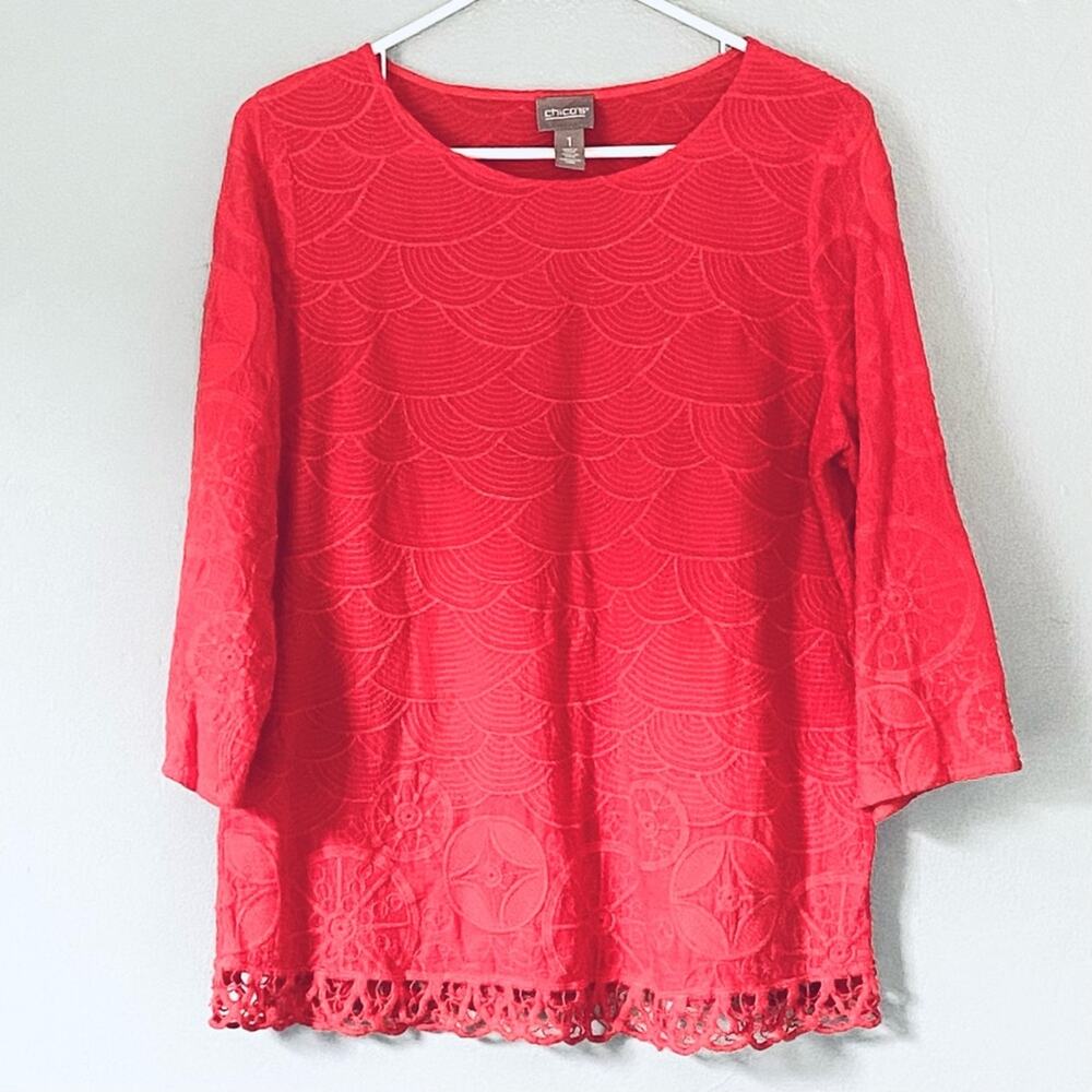 Chicos Top Size 1 Medium Coral Orange Boxy Embellished Crochet Boho Colorful